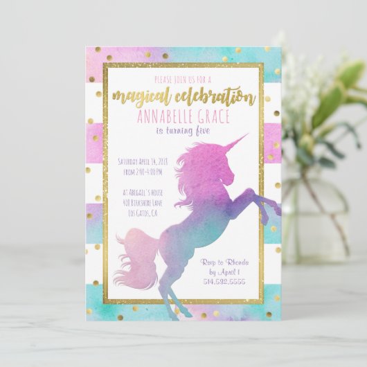 Unicorn Birthday Uitnodiging | Waterverf Glitter (Staand voorkant)