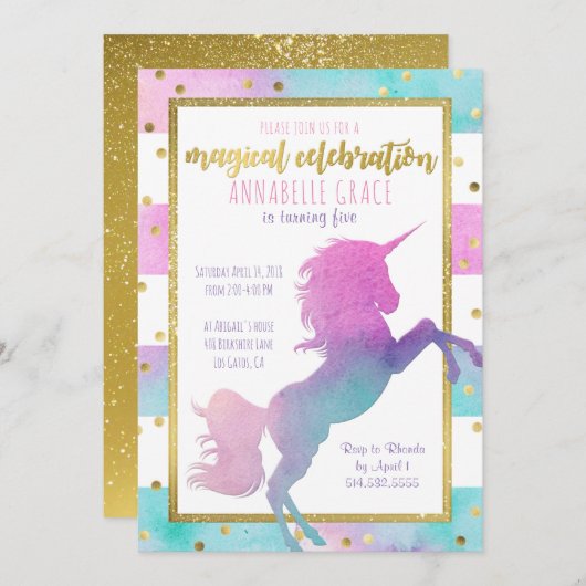 Unicorn Birthday Uitnodiging | Waterverf Glitter (Voorkant / Achterkant)