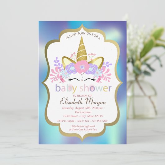 Unicorn, Blauwe Holografische Uitnodiging van het (Staand voorkant)