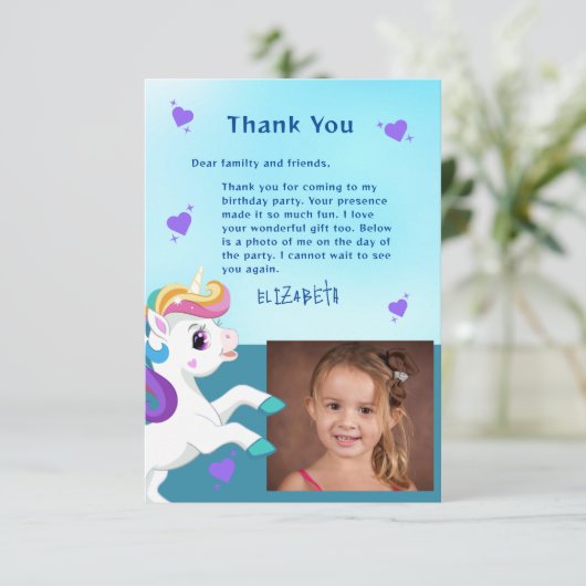 Unicorn Blauwgroen Foto Verjaardag Dank u kaart (Staand voorkant)