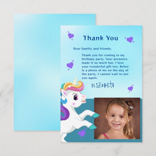 Unicorn Blauwgroen Foto Verjaardag Dank u kaart (Voorkant / Achterkant)
