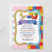 Unicorn & Blocks Joint Boy Girl Birthday Invites Kaart (Voorkant)