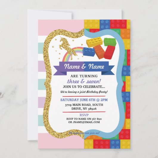 Unicorn & Blocks Joint Boy Girl Birthday Invites Kaart (Voorkant)