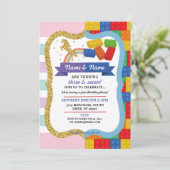 Unicorn & Blocks Joint Boy Girl Birthday Invites Kaart (Staand voorkant)