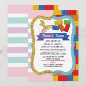 Unicorn & Blocks Joint Boy Girl Birthday Invites Kaart (Voorkant / Achterkant)