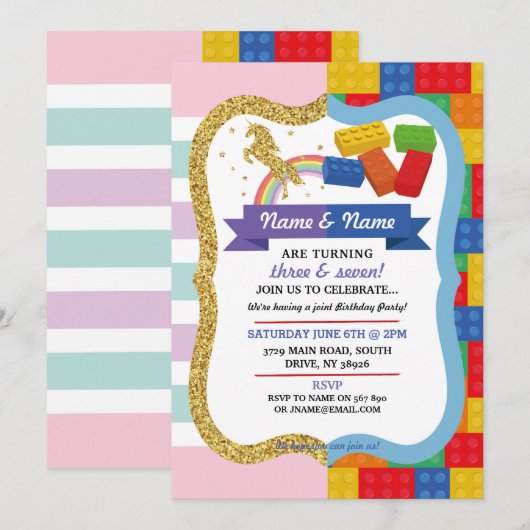 Unicorn & Blocks Joint Boy Girl Birthday Invites Kaart (Voorkant / Achterkant)