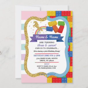 Unicorn & Blocks Joint Boy Girl Birthday Invites Kaart