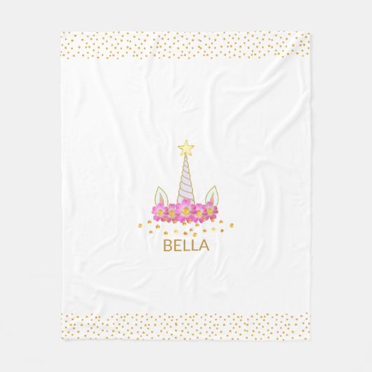 Unicorn, bloemen en gouden confetti op witte vacht fleece deken (Voorkant)