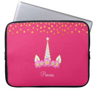 Unicorn, bloemen en gouden confetti roze laptop sleeve