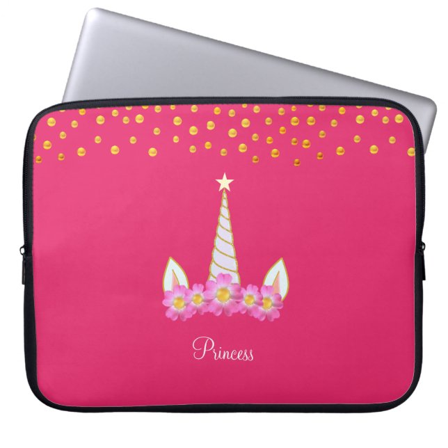 Unicorn, bloemen en gouden confetti roze laptop sleeve (Voorkant)