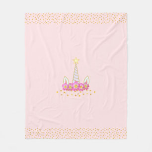 Unicorn, bloemen & gouden confetti met lichtroze f fleece deken