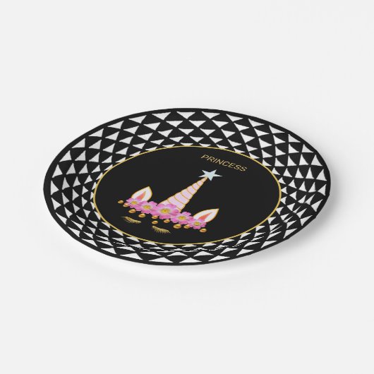 Unicorn, bloemen, gouden confetti zwart-wit papieren bordje (Gekanteld)