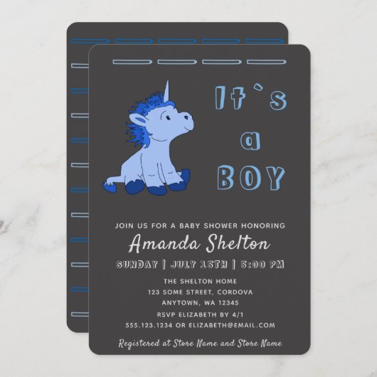 Unicorn Blue Baby Boy Shower Invitation Kaart (Voorkant / Achterkant)