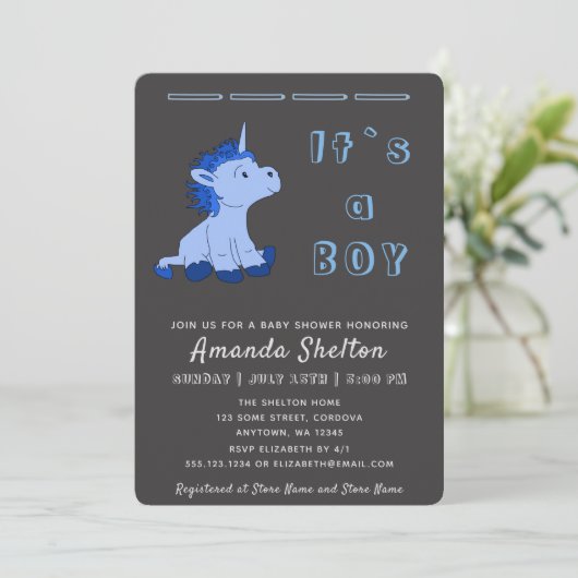 Unicorn Blue Baby Boy Shower Invitation Kaart (Staand voorkant)