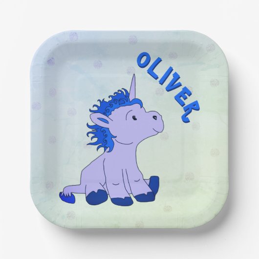 Unicorn Blue Dot Pattern Girl Birthday Papieren Bordje (Voorkant)