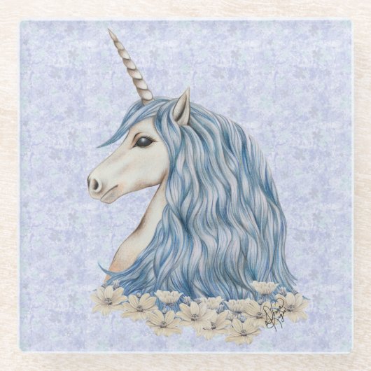 Unicorn Blue Hair Glazen Onderzetter (Voorkant)