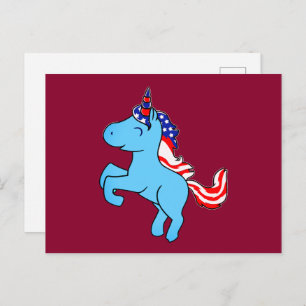 Unicorn Blue Patriotic USA Flag Mane Cartoon Briefkaart