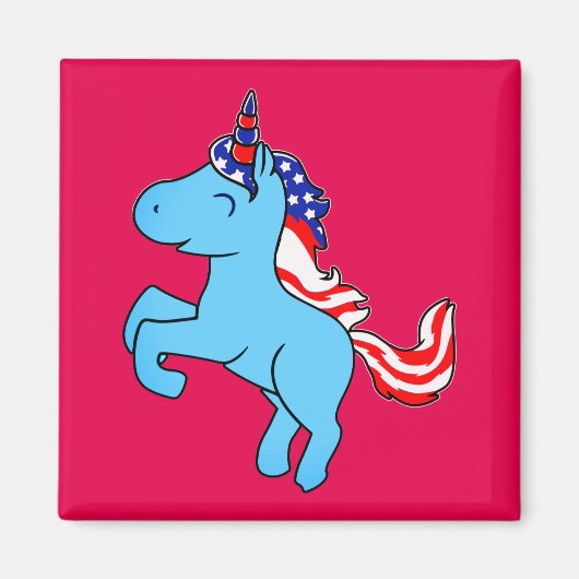 Unicorn Blue Patriotic USA Flag Mane Cartoon Magneet (Voorkant)