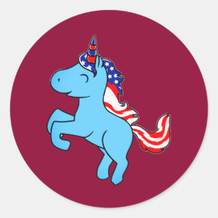 Unicorn Blue Patriotic USA Flag Mane Cartoon Ronde Sticker