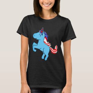 Unicorn Blue Patriotic USA Flag Mane Cartoon T-shirt