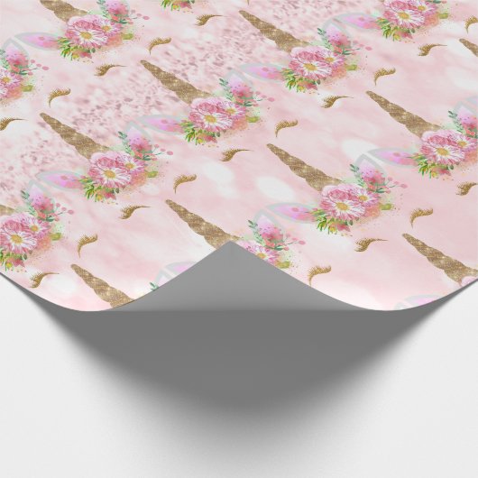 Unicorn Blush Glitter Pink Floral Princess Cadeaupapier (Hoek)