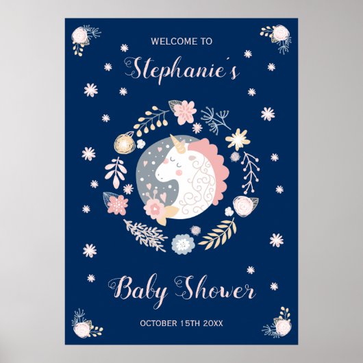 Unicorn Blush & Navy Baby shower gepersonaliseerd Poster (Voorkant)