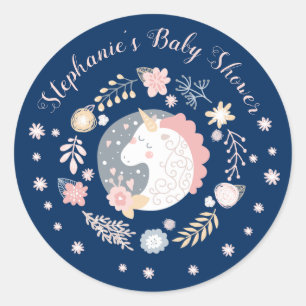 Unicorn Blush & Navy Baby shower gepersonaliseerd Ronde Sticker