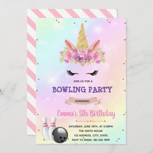 Unicorn bowling party-uitnodiging kaart (Voorkant / Achterkant)