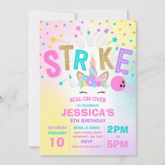 Unicorn Bowling Uitnodiging Bowling Birthday Parti (Voorkant)