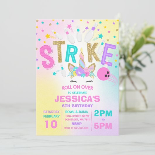 Unicorn Bowling Uitnodiging Bowling Birthday Parti (Staand voorkant)