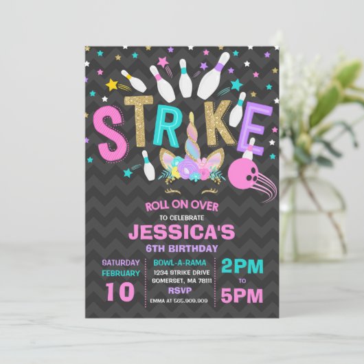 Unicorn Bowling Uitnodiging Bowling Birthday Parti (Staand voorkant)
