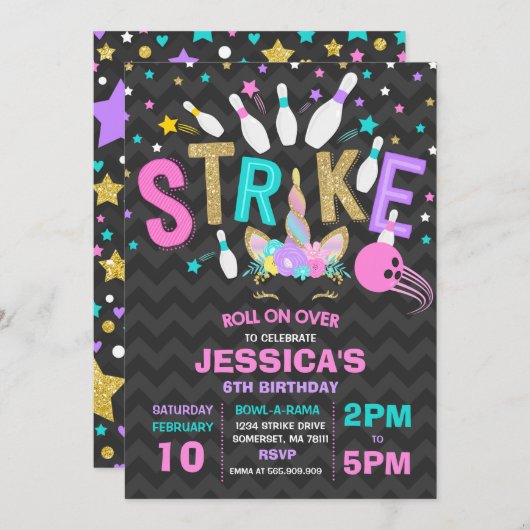 Unicorn Bowling Uitnodiging Bowling Birthday Parti (Voorkant / Achterkant)