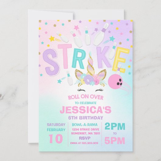 Unicorn Bowling Uitnodiging Bowling Birthday Parti (Voorkant)