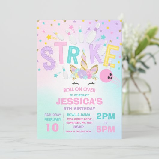 Unicorn Bowling Uitnodiging Bowling Birthday Parti (Staand voorkant)