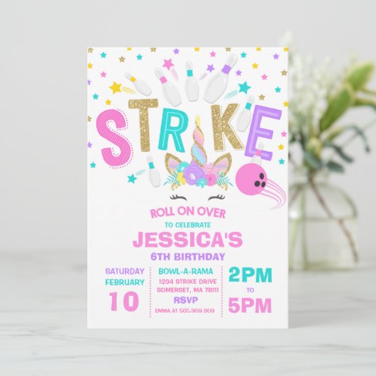 Unicorn Bowling Uitnodiging Bowling Birthday Parti (Staand voorkant)