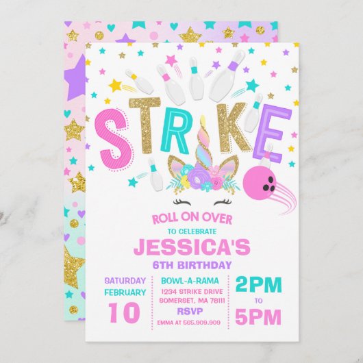 Unicorn Bowling Uitnodiging Bowling Birthday Parti (Voorkant / Achterkant)
