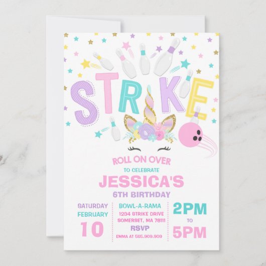 Unicorn Bowling Uitnodiging Bowling Birthday Parti (Voorkant)