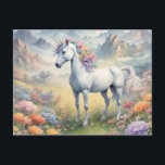 Unicorn Briefkaart<br><div class="desc">Een briefkaart met een dromerig afbeelding van een witte eenhoorn met een regenboogmanen staande in een bloemenveld. Op de achtergrond zijn majestueuze bergen. Het perfecte geschenk om degenen die houden van magische en mystieke eenhoorns te geven. Bevat generatieve inhoud.</div>