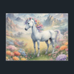 Unicorn Briefkaart<br><div class="desc">Een briefkaart met een dromerig afbeelding van een witte eenhoorn met een regenboogmanen staande in een bloemenveld. Op de achtergrond zijn majestueuze bergen. Het perfecte geschenk om degenen die houden van magische en mystieke eenhoorns te geven. Bevat generatieve inhoud.</div>