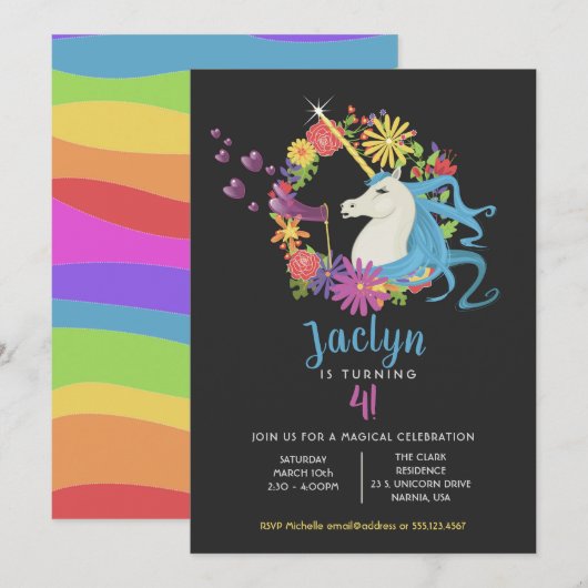 Unicorn Bubbles Birthday Party Invitation Kaart (Voorkant / Achterkant)