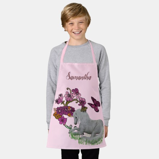 Unicorn Butterflies en Flowers, gepersonaliseerd Schort (Gedragen)