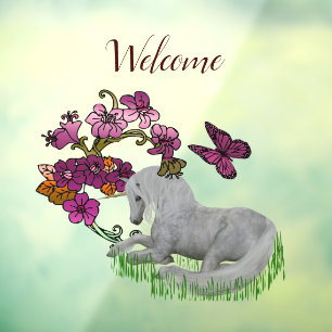 Unicorn Butterflies en Flowers Welcome Raamsticker