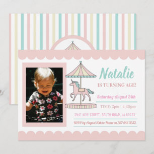 Unicorn Carousel Birthday Invitation Pink Foto Kaart