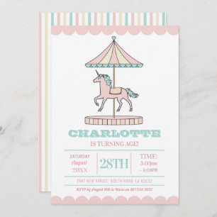 Unicorn Carousel Birthday Invitation roze Mint Kaart