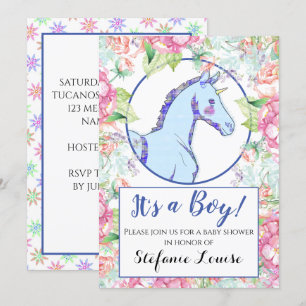Unicorn Cartoon Blue Splatter, het is een jongen! Kaart