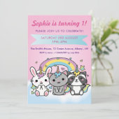 Unicorn Cartoon Dieren pasteelmeisjes 1e verjaarda Kaart (Staand voorkant)