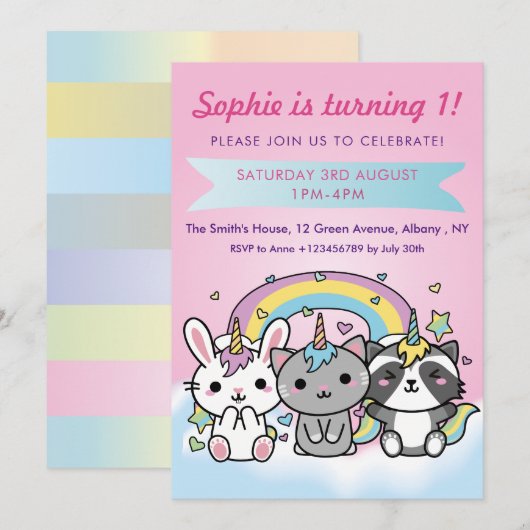 Unicorn Cartoon Dieren pasteelmeisjes 1e verjaarda Kaart (Voorkant / Achterkant)