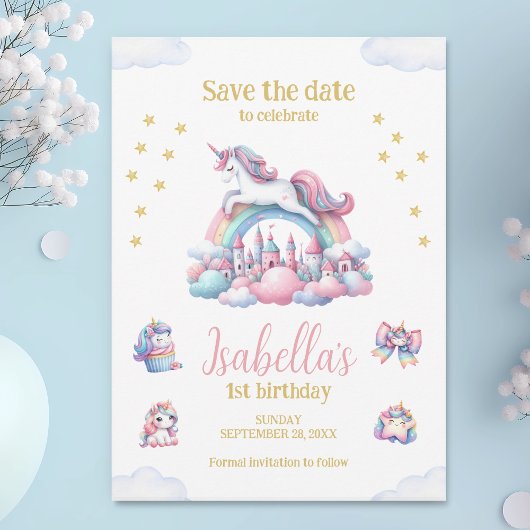Unicorn Castle Rainbow magische verjaardag Save The Date