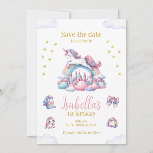 Unicorn Castle Rainbow magische verjaardag Save The Date (Voorkant)