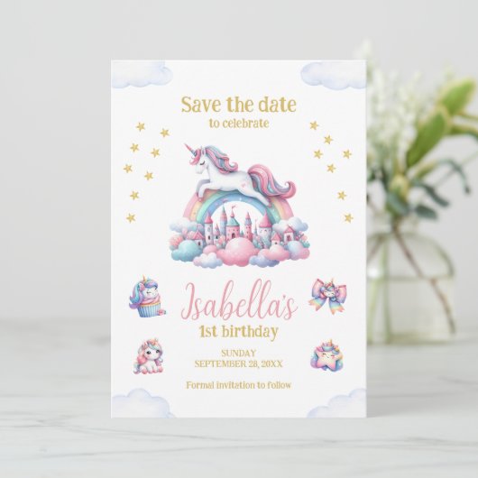 Unicorn Castle Rainbow magische verjaardag Save The Date (Staand voorkant)